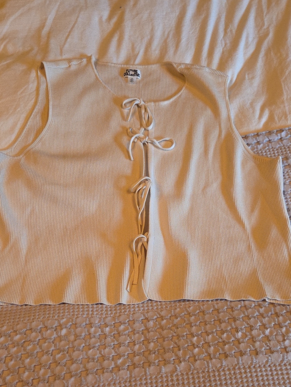 Future Collective Cream Ribbed Tie-Front Tank Top